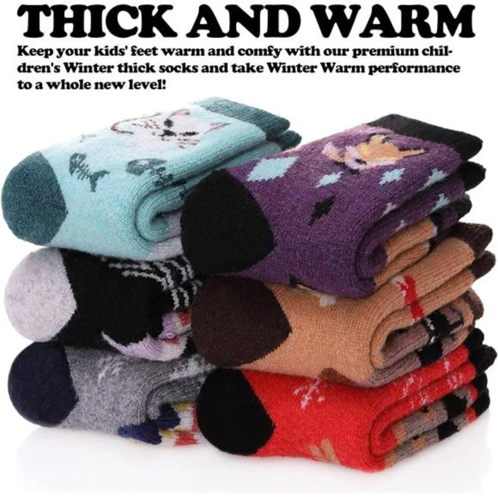 6 Pairs Kids Merino Wool Hiking Socks Thermal Winter Crew Socks